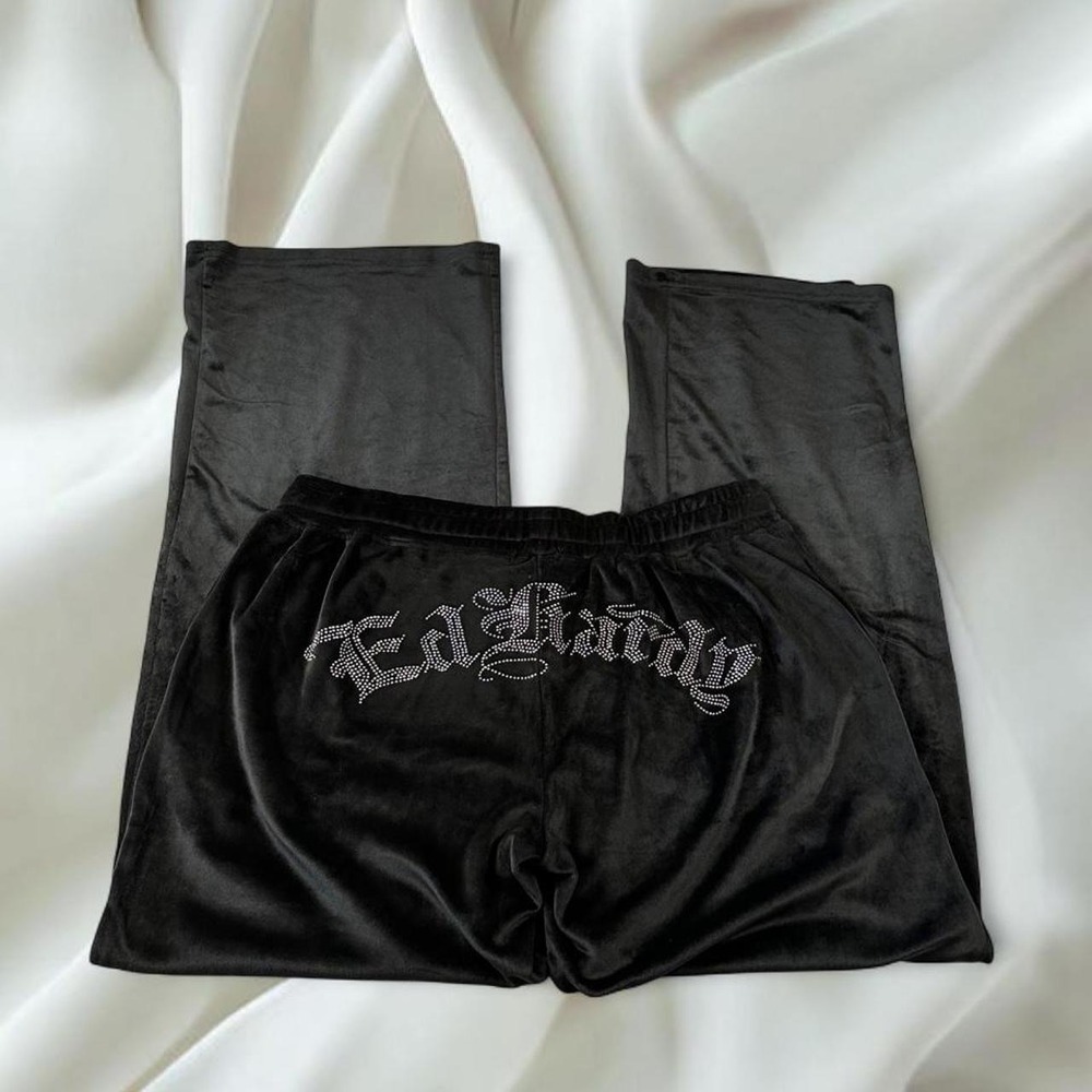 Ed Hardy black velour tiger rhinestone graphic wide leg sweatpants y2k grunge